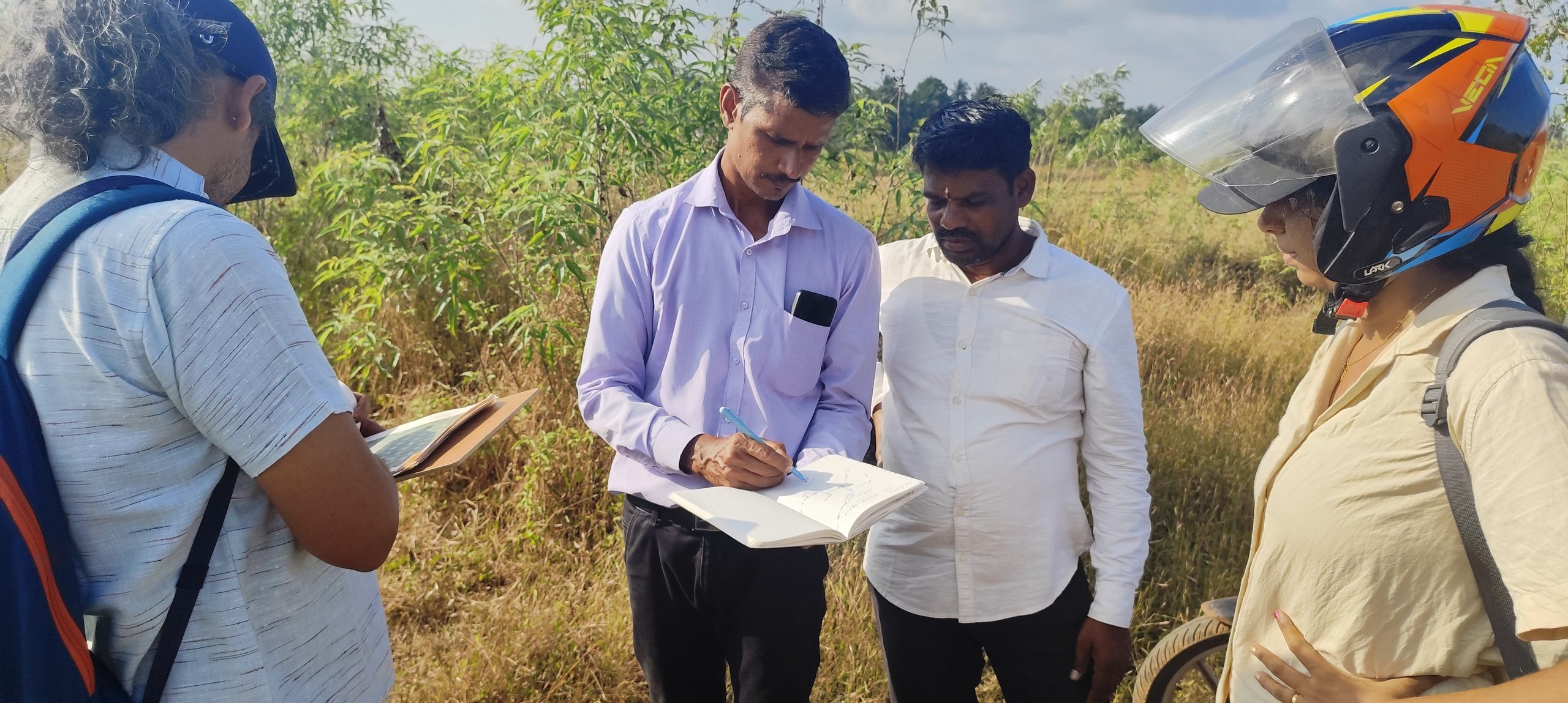 Rajesh Devadiga, Aluru GP President, and member of Village Water and Sanitation Committee drawing a schematic map of the Sowparnika Lift Irrigation Scheme’s water flow the Aluru Village area. He and Prashant Kulal, member of Village Water and Sanitation Committee wanted us to map these points and the water flow, which will help them prepare a proposal to the irrigation department for fund release to add more catchment ponds within their GP area.